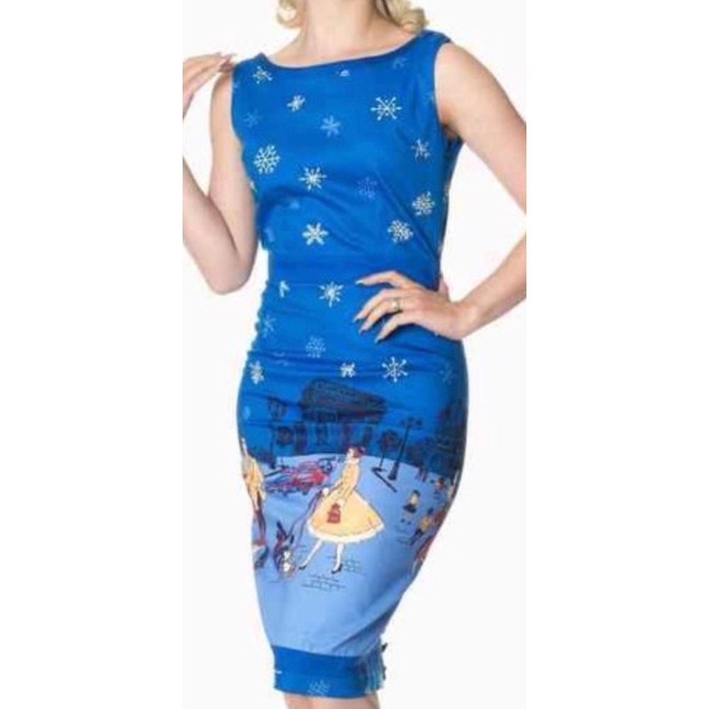 Dancing Days Banned Apparel Blue Winter Paris Snowflake Sheath Dress NWT